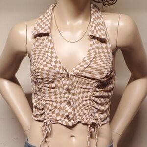 Liberty Love Bohemian Festival Halter Y2K White/Brown Checkered Crop Top Size M